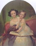 Joseph-Desire Court Portrait de Marguerite Louise Cibiel et de Marie Aglaure Cibiel assises sur un sofa  feuilletant un livre painting